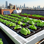 **

Urban rooftop garden with diverse vegetables, solar panels, and a cityscape in the background, illustrating sustainable urban farming.

**