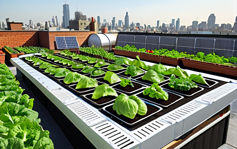 **
Urban rooftop garden with diverse vegetables, solar panels, and a cityscape in the background, illustrating sustainable urban farming.
**